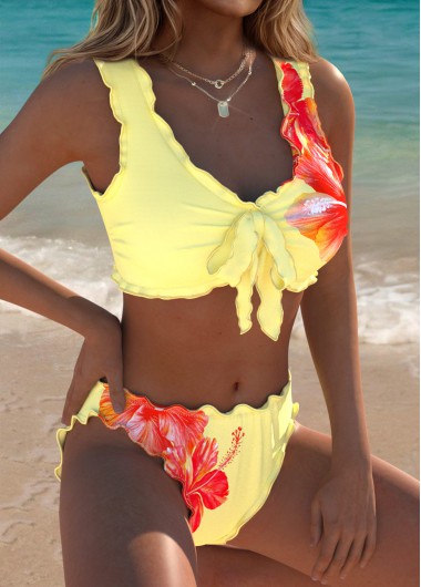 women clothes image of Pull On Light Yellow Floral Print Bikini Set