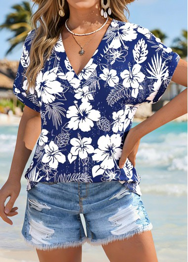 women clothes image of Navy Curved Hem Floral Print Short Sleeve T Shirt