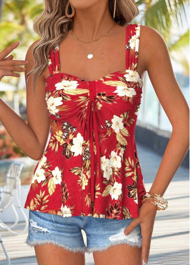 women clothes image of Red Peplum Floral Print Sleeveless Heart Collar Tank Top