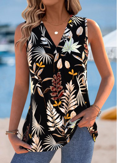 women clothes image of Multi Color Leaf Print Sleeveless V Neck Tank Top