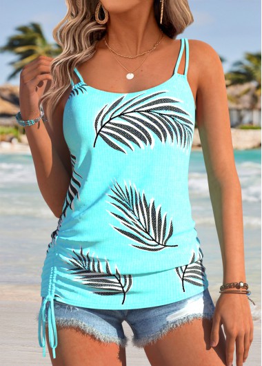 women clothes image of Cyan Curved Hem Leaf Print Sleeveless Camisole Top