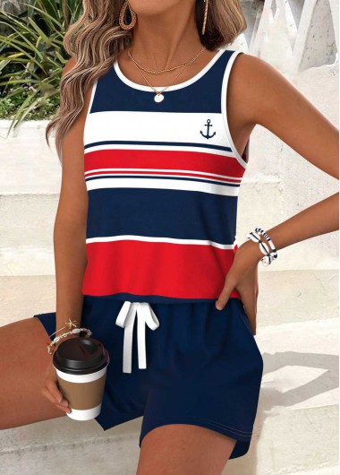 women clothes image of Navy Tummy Coverage Striped Sleeveless Round Neck Tank Top