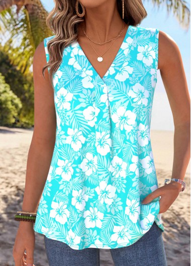 women clothes image of Mint Green Floral Print Sleeveless V Neck Tank Top