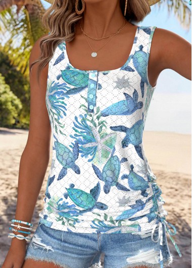 women clothes image of Dusty Blue Button Marine Life Print Sleeveless Tank Top