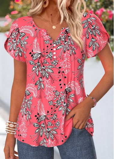 women clothes image of Coral Curved Hem Floral Print Short Sleeve T Shirt