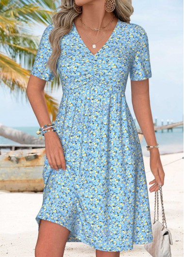 women clothes image of Blue Tummy Coverage Ditsy Floral Print Short Dress
