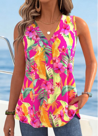 women clothes image of Hot Pink Leopard Curved Hem Sleeveless Tank Top