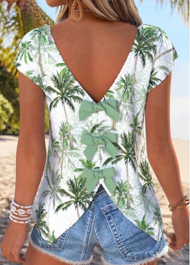 women clothes image of Light Green Tummy Coverage Tropical Plants Print T Shirt