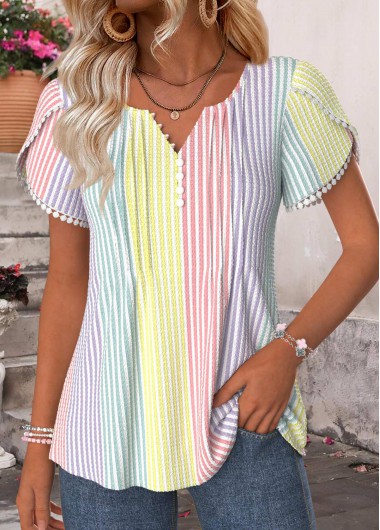 women clothes image of Multi Color Tummy Coverage Striped Short Sleeve T Shirt