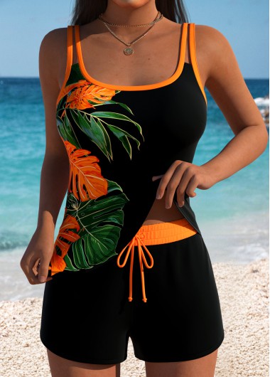 women clothes image of Tummy Coverage Mid Waisted Leaf Print Orange Tankini Set