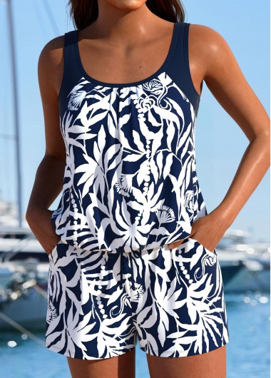 women clothes image of Tummy Coverage Tropical Plants Print Navy One Piece Swimwear