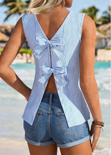 women clothes image of Blue Bowknot Striped Sleeveless Round Neck Tank Top
