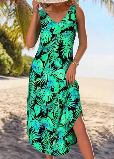 women clothes image of Black Tummy Coverage Leaf Print A Line Sleeveless Dress