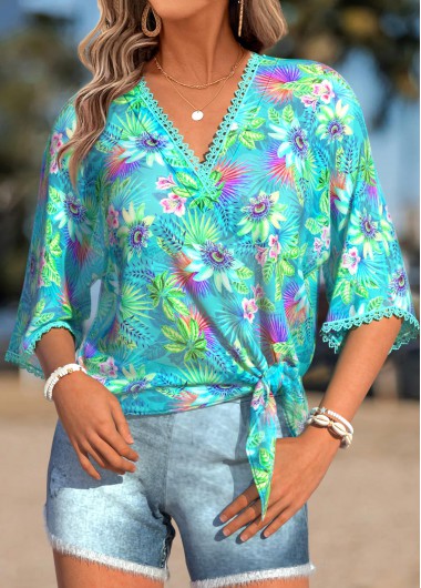 women clothes image of Cyan Patchwork Marine Life Print Half Sleeve Blouse