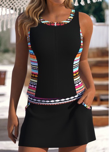 women clothes image of Tummy Coverage Mid Waisted Striped Black Tankini Set