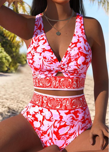 women clothes image of Red High Waisted Floral Print Bikini Set