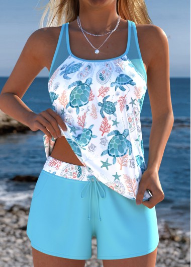 women clothes image of Tummy Coverage Mid Waisted Marine Life Print Tankini Set