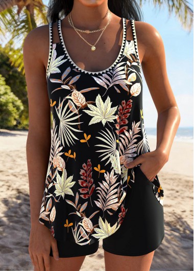 women clothes image of Tummy Coverage Mid Waisted Leaf Print Black Tankini Set