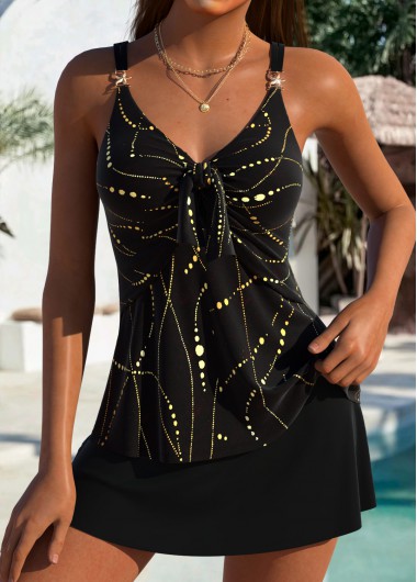 women clothes image of Tummy Coverage Mid Waisted Graffiti Print Black Tankini Set