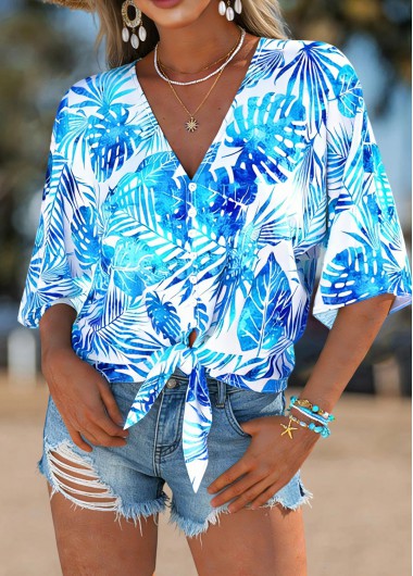 women clothes image of Blue Leaf Print Half Sleeve V Neck Blouse
