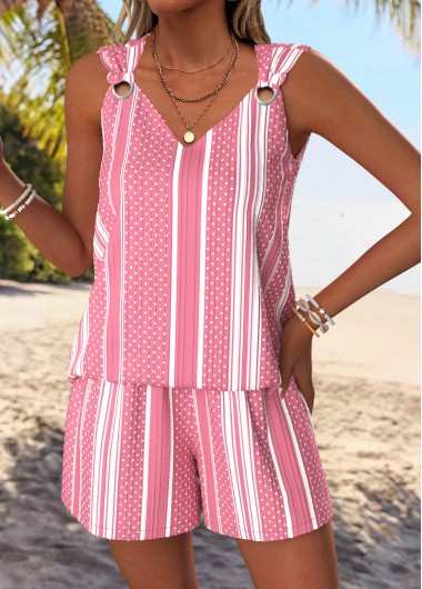 women clothes image of Pink Tummy Coverage Striped Sleeveless V Neck Tank Top