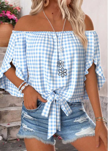 women clothes image of Light Blue Tummy Coverage Plaid Half Sleeve Blouse