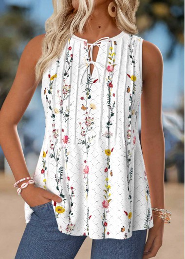 women clothes image of Raw White Tummy Coverage Floral Print Sleeveless Tank Top