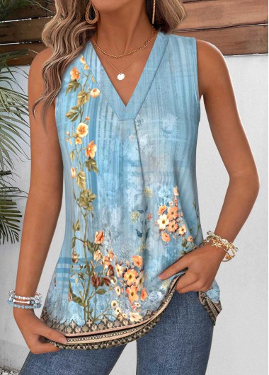 women clothes image of Dusty Blue Tummy Coverage Random Floral Print Tank Top