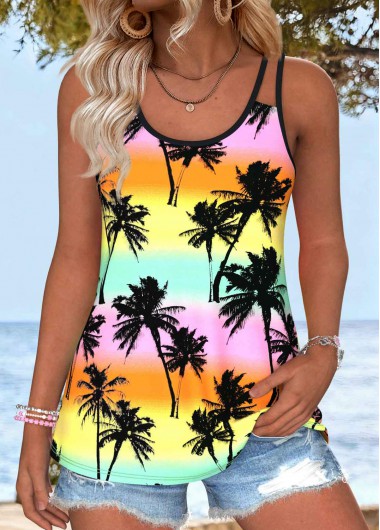 women clothes image of Multi Color Tummy Coverage Tropical Plants Print Camisole Top