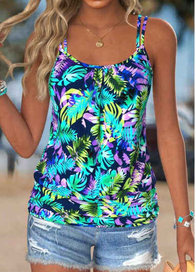 women clothes image of Multi Color Tummy Coverage Tropical Plants Print Camisole Top
