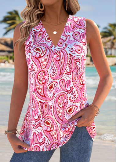 women clothes image of Pink Paisley Print Sleeveless V Neck Tank Top