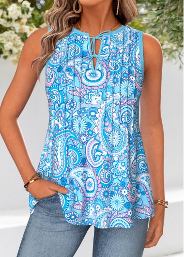 women clothes image of Blue Tie Paisley Print Sleeveless Split Neck Tank Top
