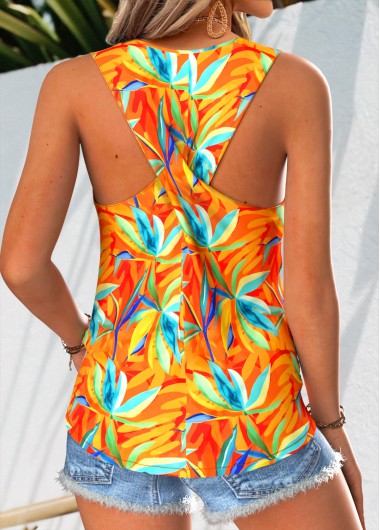 women clothes image of Orange Floral Print Sleeveless Round Neck Tank Top