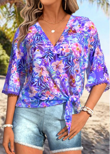 women clothes image of Purple Patchwork Floral Print Half Sleeve V Neck Blouse