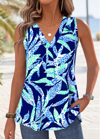 women clothes image of Dark Blue Tummy Coverage Leaf Print Sleeveless Tank Top