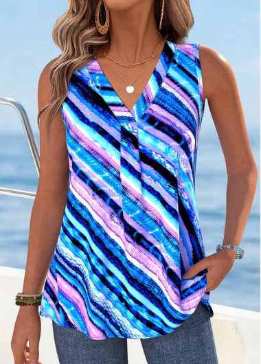women clothes image of Sky Blue Tummy Coverage Dazzle Colorful Print Tank Top