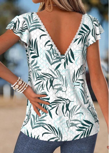 women clothes image of White Tummy Coverage Leaf Print Short Sleeve T Shirt