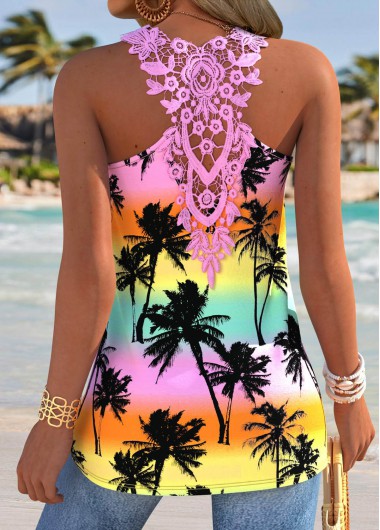 women clothes image of Multi Color Tummy Coverage Tropical Plants Print Tank Top