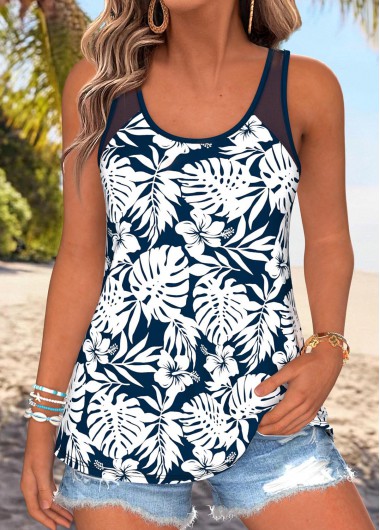 women clothes image of Navy Tummy Coverage Leaf Print Sleeveless Tank Top