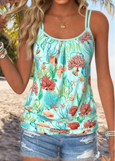 women clothes image of Green Tummy Coverage Marine Life Print Strappy Camisole Top
