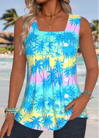 women clothes image of Blue Tummy Coverage Tropical Plants Print Sleeveless Tank Top