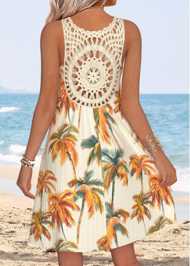 women clothes image of Light Yellow Tummy Coverage Tropical Plants Print Short Dress