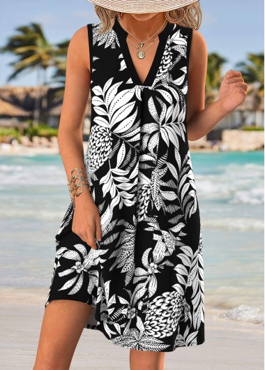 women clothes image of Black Tummy Coverage Leaf Print Short Sleeveless Dress