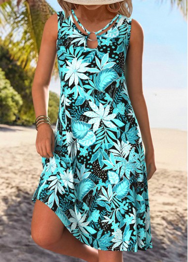 women clothes image of Cyan Tummy Coverage Floral Print Sleeveless Round Neck Dress