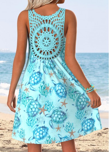 women clothes image of Cyan Tummy Coverage Marine Life Print Short Strappy Dress