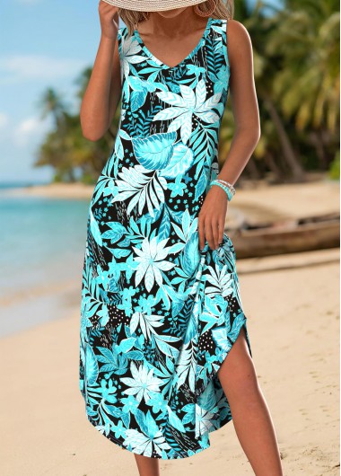 women clothes image of Cyan Tummy Coverage Floral Print Sleeveless V Neck Dress