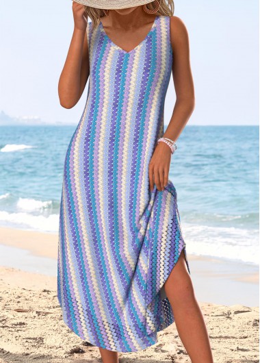 women clothes image of Purplish Blue Tummy Coverage Sleeveless V Neck Dress