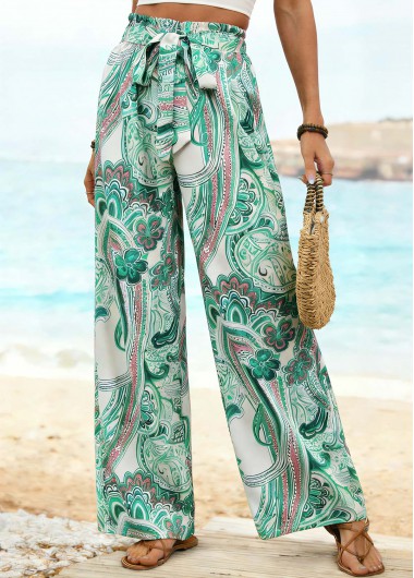 women clothes image of Green Floral Print Belted Wide Leg Elastic Waist Pants