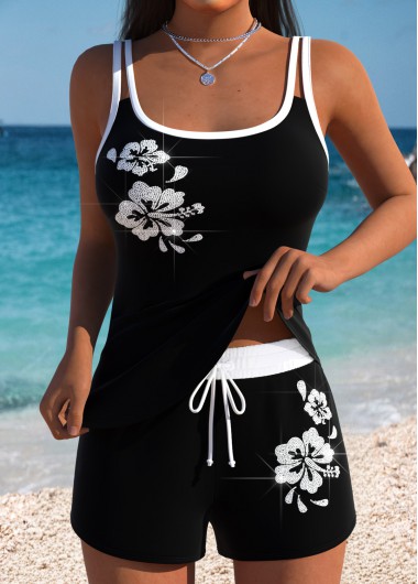 women clothes image of Black Hot-Fix Rhinestone Tummy Control Mid Waist Tankini Set