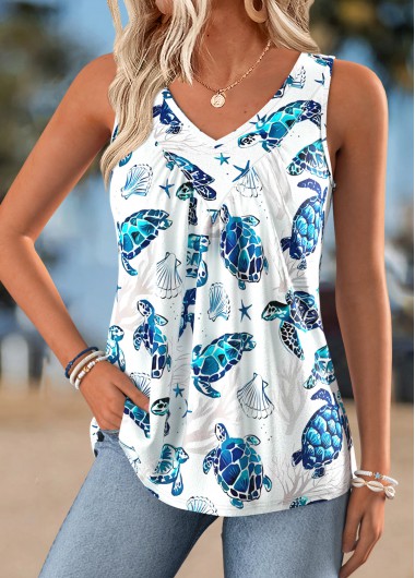 women clothes image of White Tummy Coverage Marine Life Print Sleeveless Tank Top